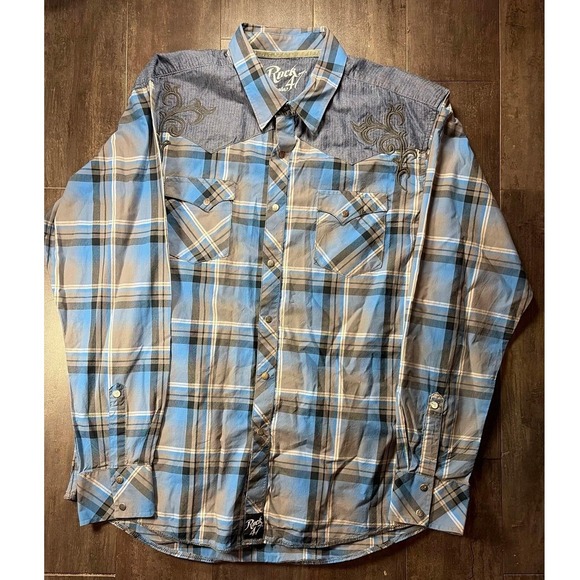 Wrangler Other - Rock 47 by Wrangler Western Shirt Mens XL Blue Plaid Embroidered Yoke Snap Front